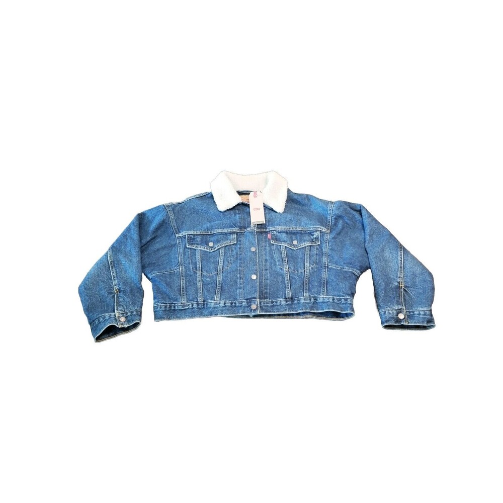 Levi’s Cropped Trucker Jacket Women Size Large Blue Jean Denim Sherpa Collar NWT